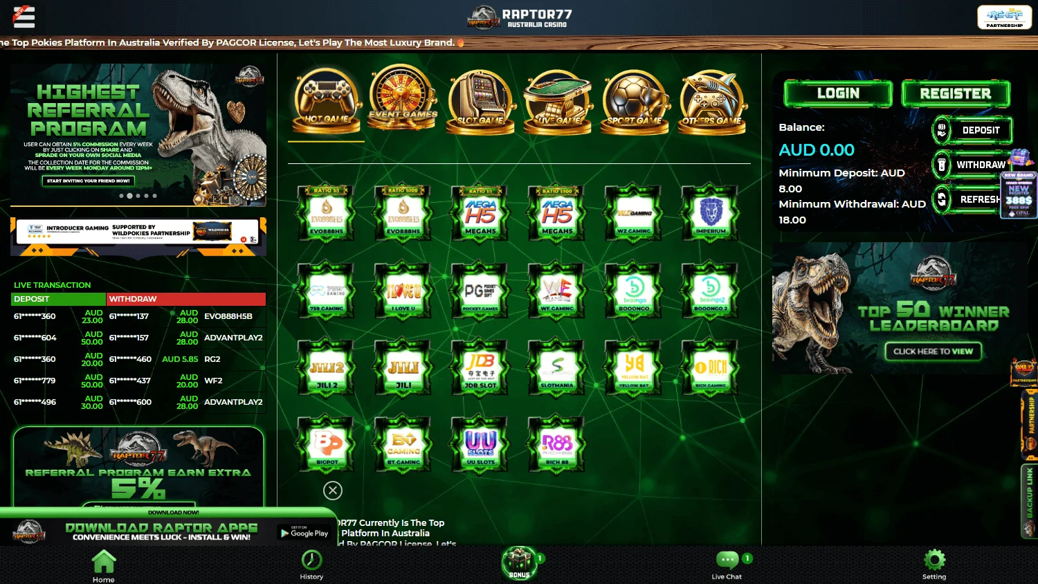 Raptor 77 Casino desktop promotions screen with bonus and promotional offers