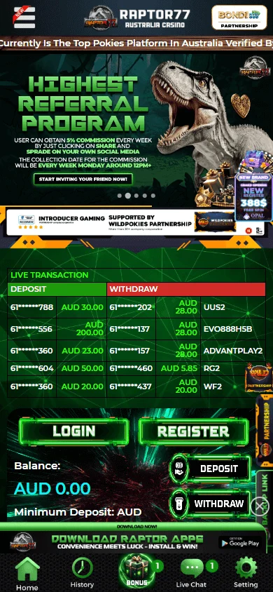 Raptor 77 Casino mobile promotions screen with promotional offers