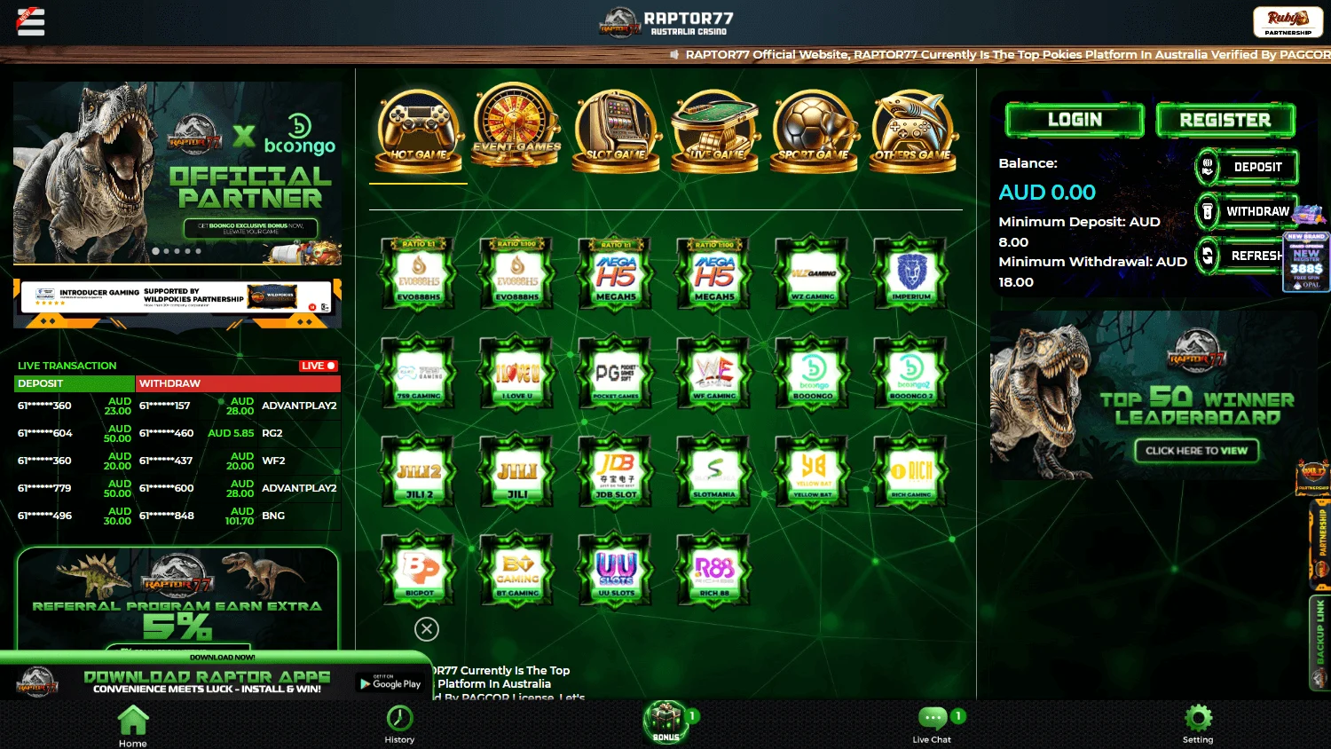 Raptor 77 Casino desktop home screen with AUD casino content