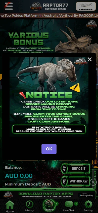Raptor 77 Casino mobile home screen with casino content for AUD players